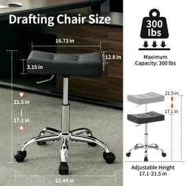 FIRAVOE Office Stool with Wheels (300lbs Capacity) (Adjustable Height 17-21 inch) Black Faux Leather Workbench Stool (Black)