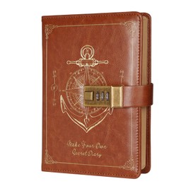 Shesyuki Literary Vintage Leather Notebook with Lock, Embossed Pattern Ship Journal, B6 Notebook, Lock Diary Planner Organizer for Men and Women