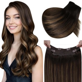 LaaVoo Wire Hair Extensions Human Hair Brown Balayage 18 Inch Wire Hair Extensions Real Hair For Women Darkest Brown Balayage Light Brown Adjustable Fish Line Extensions Human Hair Silky Straight 80g