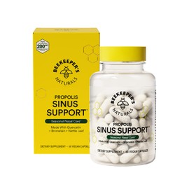 Beekeeper's Naturals All Natural Sinus Support for Adults, Seasonal Nasal Care Relief with Propolis, Quercetin, Bromelain, Nettle Leaf, & Vegan Capsule, Blocks or Suppresses Histamine, 60 ct