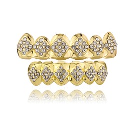 TOPGRILLZ Grillz Gold Poker Grills for Your Teeth Heart Hip Hop Grillz Teeth Men Diamond Grillz for Men Women 18K Gold Plated Hustla Teeth Grillz Gold Jewelry Rapper Costume(Gold Diamond)