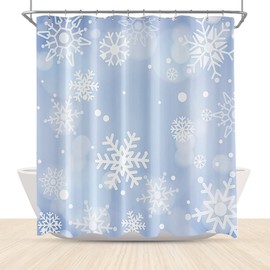Winter Christmas Shower Curtain for Bathroom, Snowflake Bathroom Curtain, White Snow on Light Blue Bathroom Decor, Polyester Fabric Waterproof with Hooks 72x72 Inch