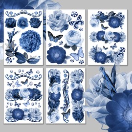 Decoupage Paper Pack (15 Sheets 8"x11") Blue Roses Dreams HANATABA Vintage Art Deco Styled Ephemera Pictures for Decoupage Craft and Scrapbooking Real Size Photorealistic Flowers