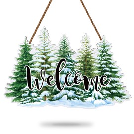 Whaline Christmas Wooden Hanging Sign Xmas Tree Welcome Wood Sign Winter Green Watercolor Forest Door Decor Sign for Indoor Outdoor Porch Wall