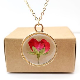 Red Rose Flowers Natural Rosa Pendant 18k Gold Plated Necklace for Women Handmade Love Romantic