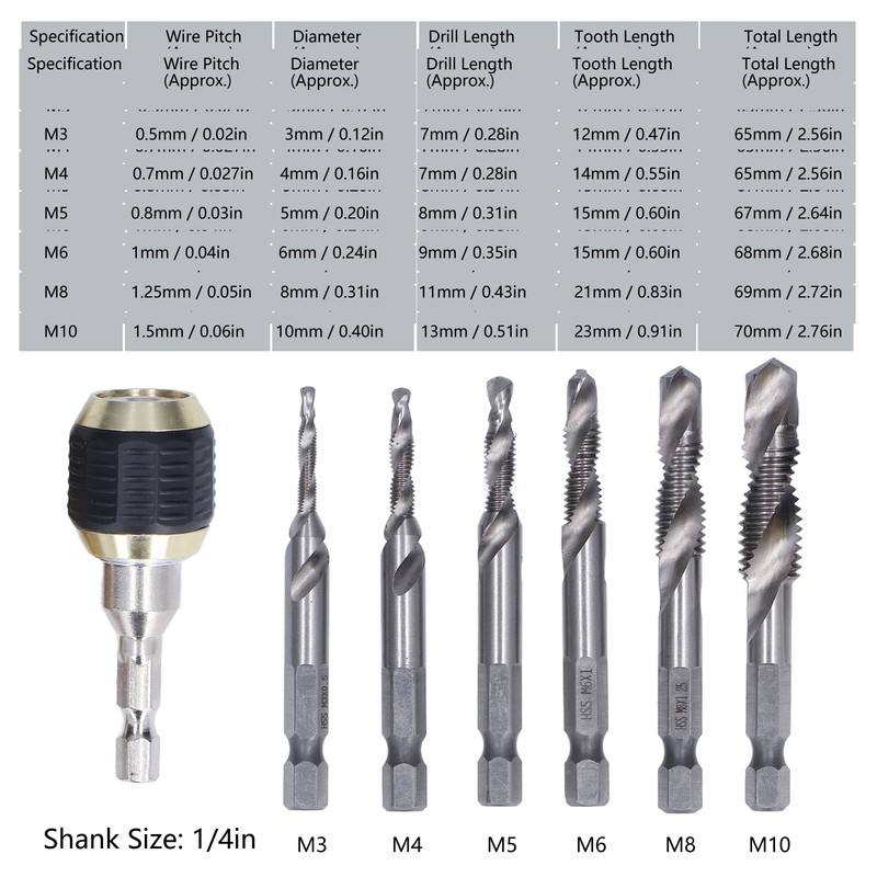 7Pcs/Set Spiral Combination Tap High Speed Steel 1/4in Hex Shank