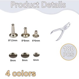 Leather Rivets Set, 180 Set Metal Rivets Double Cap with Rivet Pliers Hole Pliers Hollow Rivets 12 mm 8 mm 6 mm Rivets for Leather Rivets for Clothing, with 3 Tools, for DIY Craft Repair Decoration, 4