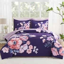 LLDSYW King Size Comforter Set - 7 Pieces Floral Comforter and Sheet Set, Dark Purple King Size Bed in a Bag, Soft Microfiber Flower Complete Bedding Set for All Seasons（Dark Purple,104"x90"）