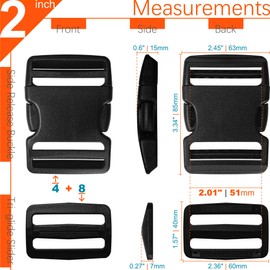 Correa de hebilla de 2 pulgadas: juego de 4 hebillas de liberación lateral + 8 deslizadores Tri-Glide + correas de nailon de 6 yardas de 50 mm de ancho, clip de plástico de repuesto de sujetadores