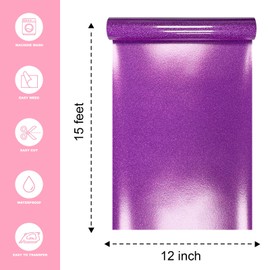 Mcirurn Purple Glitter Heat Transfer Vinyl, 12" x 15ft Htv Vinyl, Glitter Iron-On for T-Shirts, Shirts Crafts, Easy Cutting and Weeding, Custom Glitter Gifts.