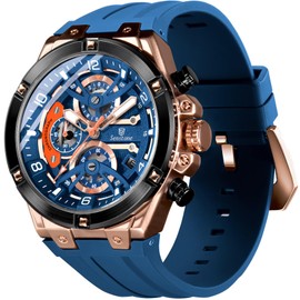 senstone Mens Watch with Rubber Strap Quartz Analog, Fashion Multifunction Chronograph Sport Watch for Men Casual with Calendar Waterproof Silicone Band (Blue)