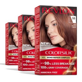 Revlon ColorSilk with Bond Repair Complex, Red Permanent Hair Color, 100% Gray Coverage, Ammonia Free Hair Dye, Vegan Keratin, 55 Light Reddish Brown (Pack of 3)
