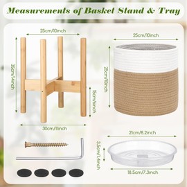 Sunnychicc Plant Basket with Stand Indoor Planter Pot Holder Sturdy Jute Rope Modern Woven Plant Basket, Cotton Rope Woven Pot with Bamboo Plant Stand(White and Yellow,10 Inch)