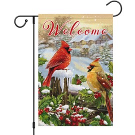 Heyfibro Welcome Christmas Cardinal Garden Flag 12x18 Inch Double Sided Burlap, Red Bird House Welcome Winter Yard Flag for Winter Holiday Xmas Yard Outdoor Decoration(ONLY FLAG)