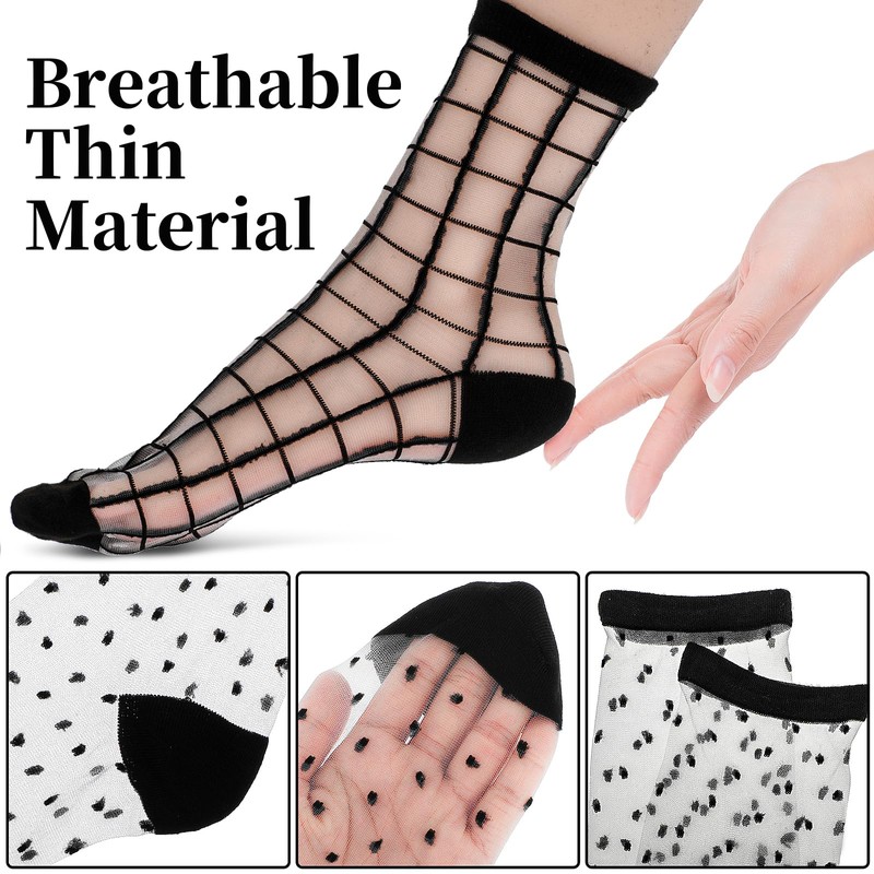 Lusofie 5 Pairs Sheer Socks Black See Through Socks Checkered