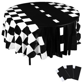 Fanfanwin 3 Pcs Racing Party Round Tablecloths Plastic Black White Checkered Flag Table Covers 84 Inch Disposable Racetrack Road Table Decoration for Two Fast Car Theme Birthday Party Supplies Events