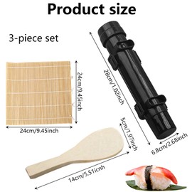 3 Pcs Sushi Roll Kit,Sushi Bazooka,Sushi Kit,Sushi,Sushi Maker,Sushi Making Kit,Sushi Mould for DIY Sushi More Diversified,Vegetable Meat DIY Roll Tool,Bamboo Sushi Rolling Mat for Beginners(Black)