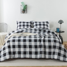 Caressma Queen Comforter Set Black and White (90x90 Inch), 3 Pieces Buffalo Plaid Comforter Bedding Set, Stylish Geometric Plaid Fluffy Home Decor for All Seasons