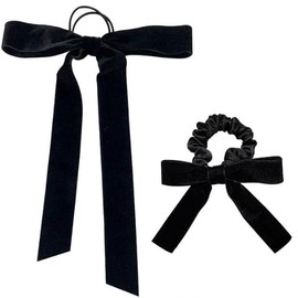Velvet Bow Hair Accessories Set, Black Grosgrain Ribbon Scrunchie and French Bow, Elastic Hair Ties, 2-Piece Velvet Hair Bands School Hair Streamer Hair BobblesHair Accessories Ponios Ponytail Holder
