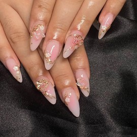 24Pcs Almond Press on Nails Medium Stiletto Fake Nails Flower Butterfly Charms Glue on Nails French Nails Tip False Nails Gradient Pink Stick on Nails Reusable Artificial Acrylic Nails for Women