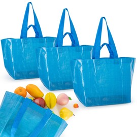 RAINFLOW Reusable Grocery Bags - 3 Pcs Blue Grocery Shopping Bags Reusable Woven Polypropylene Shopping Bags With Handles Foldable Waterproof Plastic Grocery Tote Shopping Bag For Shopping Storage