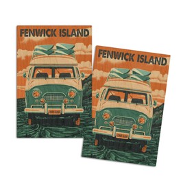 Fenwick Island, Delaware, Letterpress, Camper Van (4x6 Birch Wood Postcards, 2-Pack Stationary, Rustic Home Wall Decor)