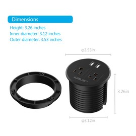 Desktop Power Grommet JSVER Mini Desktop Power Strip Hide Recessed Power Grommet Socket with 2 AC Outlets and 2 USB Charging Ports,Cable for a 3-1/8 Inch Desk Hole for Kitchen Table/Conference Room