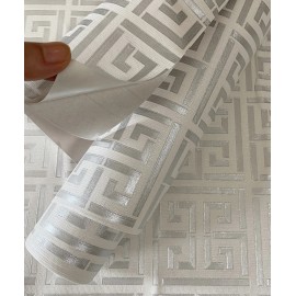 Unbranded Greek Key Silver White Shimmer Wallpaper Classic Grecian Wallpaper Peel & Stick