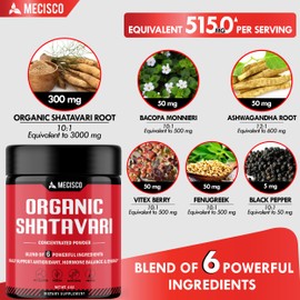 6in1 Shatavari Powder Organic - Blended with Shatavari Root, Bacopa Monnieri, Ashwagandha Root, Vitex Berry, Fenugreek & Black Pepper - Supports Rejuvenation, Promotes Energy & Vitality - 4 Oz