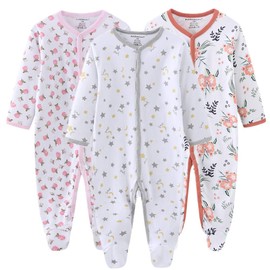 Kiddiezoom Unisex Baby Sleep & Play, Organic One-Piece Romper-Jumpsuit PJ, Snap Front Footed Pajama 3-Pack