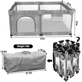 PATYWAGA Foldable Baby Playpen with Gate, Extra Large Collapsible Play Yard for Babies & Toddlers, Portable Travel Play Pen with Fence, Safe Activity Center for Indoor & Outdoor Use (51"×51" Grey)