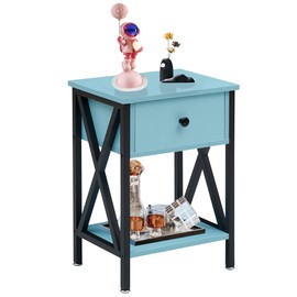 VECELO Nightstand,Modern Bedside End Table, Night Stand with Drawer and Storage Shelf for Living Room Bedroom, Industrial Metal Frame