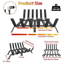 taiheis 1Pack Flat Bar Fireplace Grate，17’’Fireplace Log Grate with 6 Support Legs，Black Heavy Duty Solid Steel Fireplace Log Holder for Backyards Courtyards Terraces Fireplaces