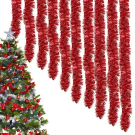 Christmas Tinsel Garland, Pack of 10 x 2 m Christmas Garlands, Glossy, Metallic Garland, Glittering Hanging Decoration, Hanging Decoration for Christmas Tree, Wreath, Wedding Party (Red)