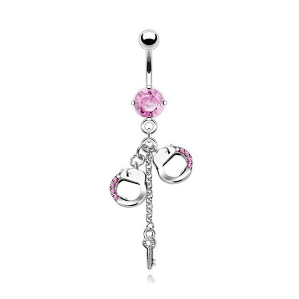 Covet Jewelry Dangling Gemed Handcuffs and Key 316L Prong Set