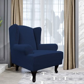 Easy-Going Stretch Wingback Chair Sofa Slipcover 1-Piece Sofa Cover Furniture Protector Couch Soft with Elastic Bottom, Spandex Jacquard Fabric Small Checks(Large,Navy)