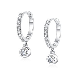 Earrings 925 Silver, Earrings 925 Silver Hanging Hoop Earrings, 925 Silver, Small with Heart, Round Cubic Zirconia for Women, Girls, Men, Gold-plated, Cubic Zirconia