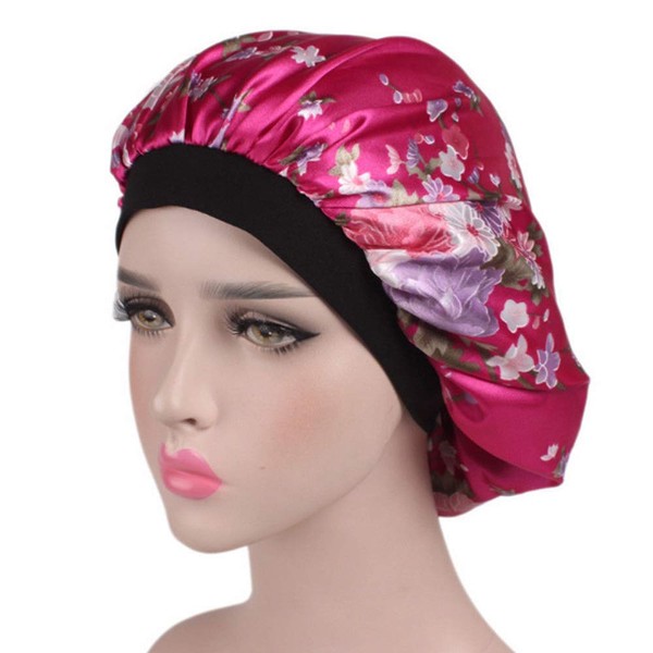 Tvoip 1Pcs Hair Satin Bonnet For Sleeping Shower Cap Silk Bonnet Bonnet Femme Women Night Sleep Cap Head Cover Wide Elastic Band (Rose Red Flower)
