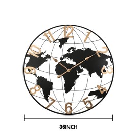 LJLB Elegant 36 Inch Black Metal Wall Clock with Vintage Gold Numerals and World Map Design, Modern Decorative Piece for Home