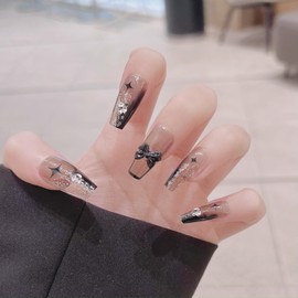 CATKIN 24PCS Long False Nails with Glue Stickers, Press on Nails no Glue for Women Girls Medium Square Decoration Fake Nails