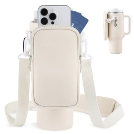 PRAOAHEI Bottle Holder with Bag, Compatible 40 oz Thermos Flasks with Straw and Lid, Water Bottle Holder with Adjustable Strap, Suitable for Hiking, Running, Cycling, Cream White