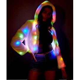 NIWOTA LED Faux Fur Jacket for Women Light up Rave Outfits Glow Costume for Parties(Large) White