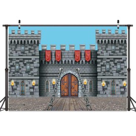 Medieval Castle Backdrop 7 x 5 ft, Knight Castle Medieval Party Decoration Banner, Medieval Arches Entrance Door Stone Wall Background Polyester for Kids Boys Birthday Party Photo Props Supplies