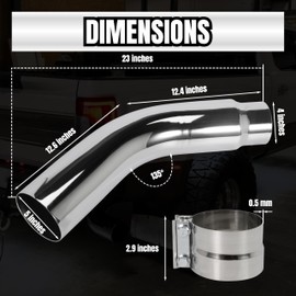 4 Inch Diesel Exhaust Elbow Tip, 4" Inlet to 5" Outlet, 23" Long Chrome Exhaust Pipe Elbow 2pcs 4'' Exhaust Clamps