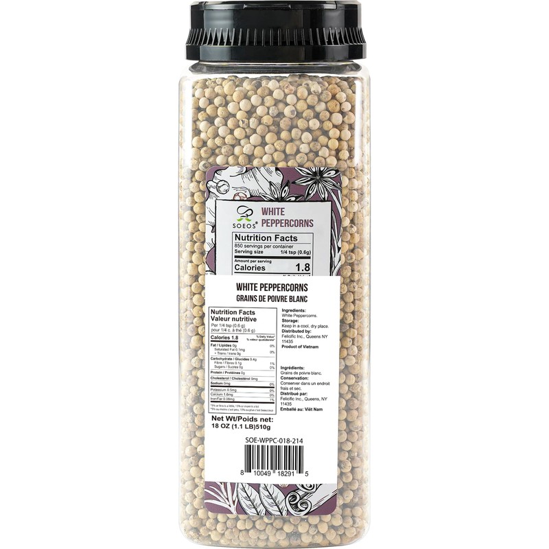 Soeos White Peppercorns, 18oz (Pack of 1), Non-GMO, Kosher, Packed