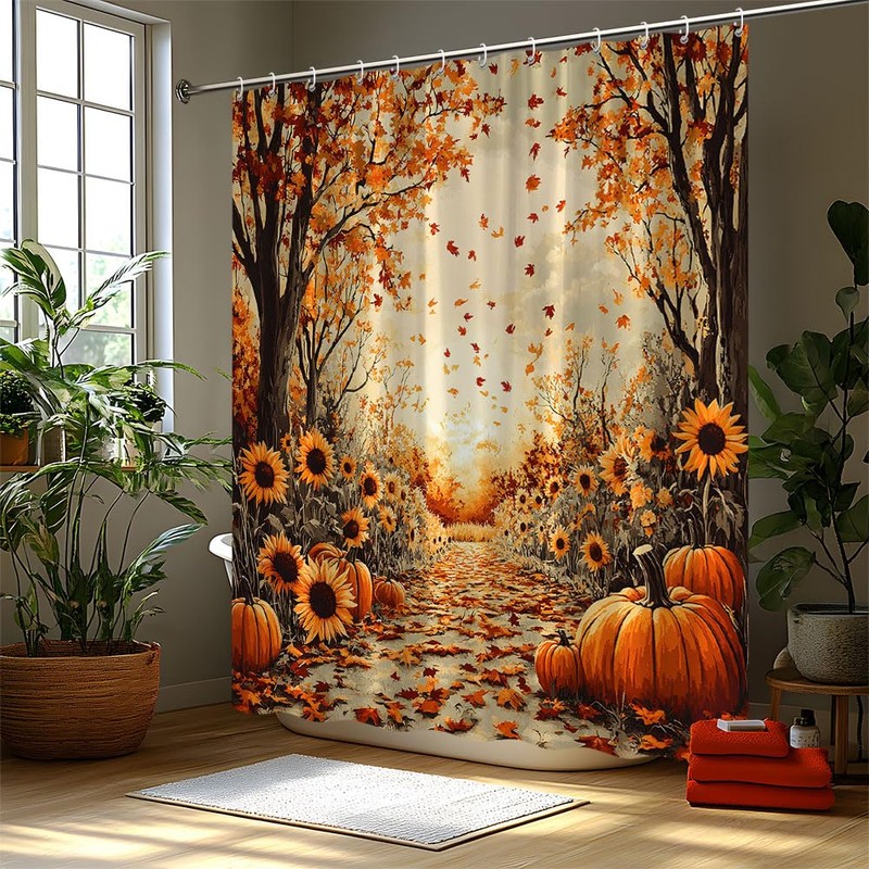 FAXTOZ Fall Shower Curtain Autumn Maple Forest Fallen Leaf Pumpkin