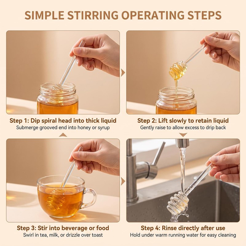 2 Pcs Clear Glass Honey Dipper Sticks