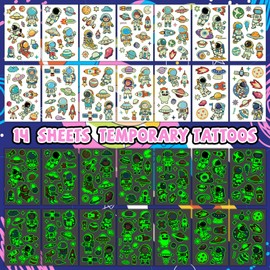 EMOME 140+ Styles Luminous Kids Tattoos, Temporary Tattoo Stickers Waterproof for Boys and Girls, Children Glow Party Favors Supplies Games (Astronaut)