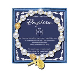 LIUANAN Meaningful Baptism Gifts Virgin Mary Crucifix Bracelet for Christening Rosary Beads Cathoic Gift Faith Bracelet Christian Daughter Niece Granddaughter Sister Friend Goddaughter (Gold)