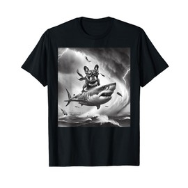 Funny Dog French Bulldog Riding a Shark in Tornado Meme T-Shirt